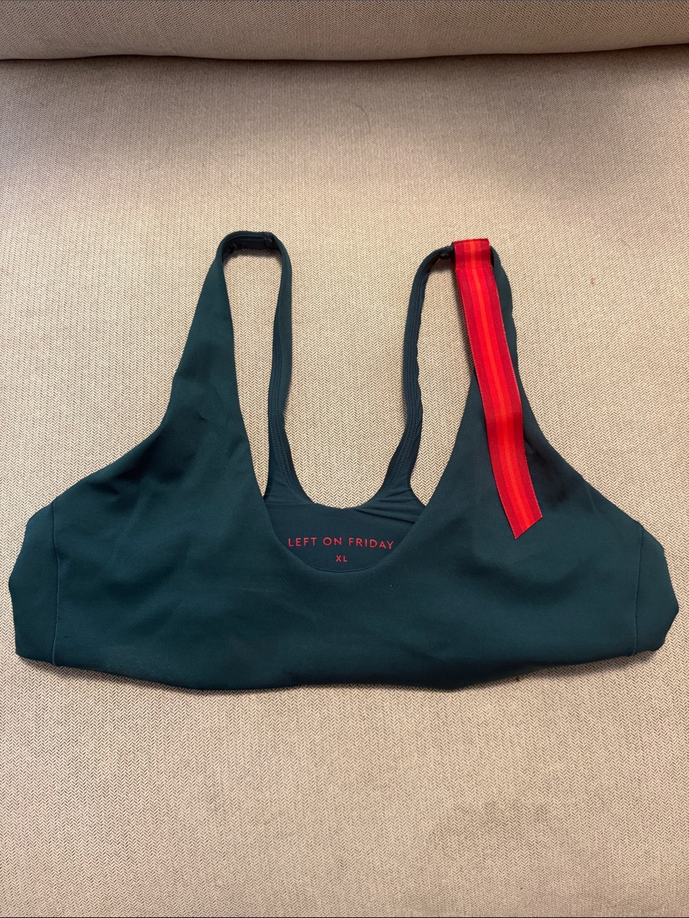 Left On Friday Forest Green Sports Bra with Red Strap Detail